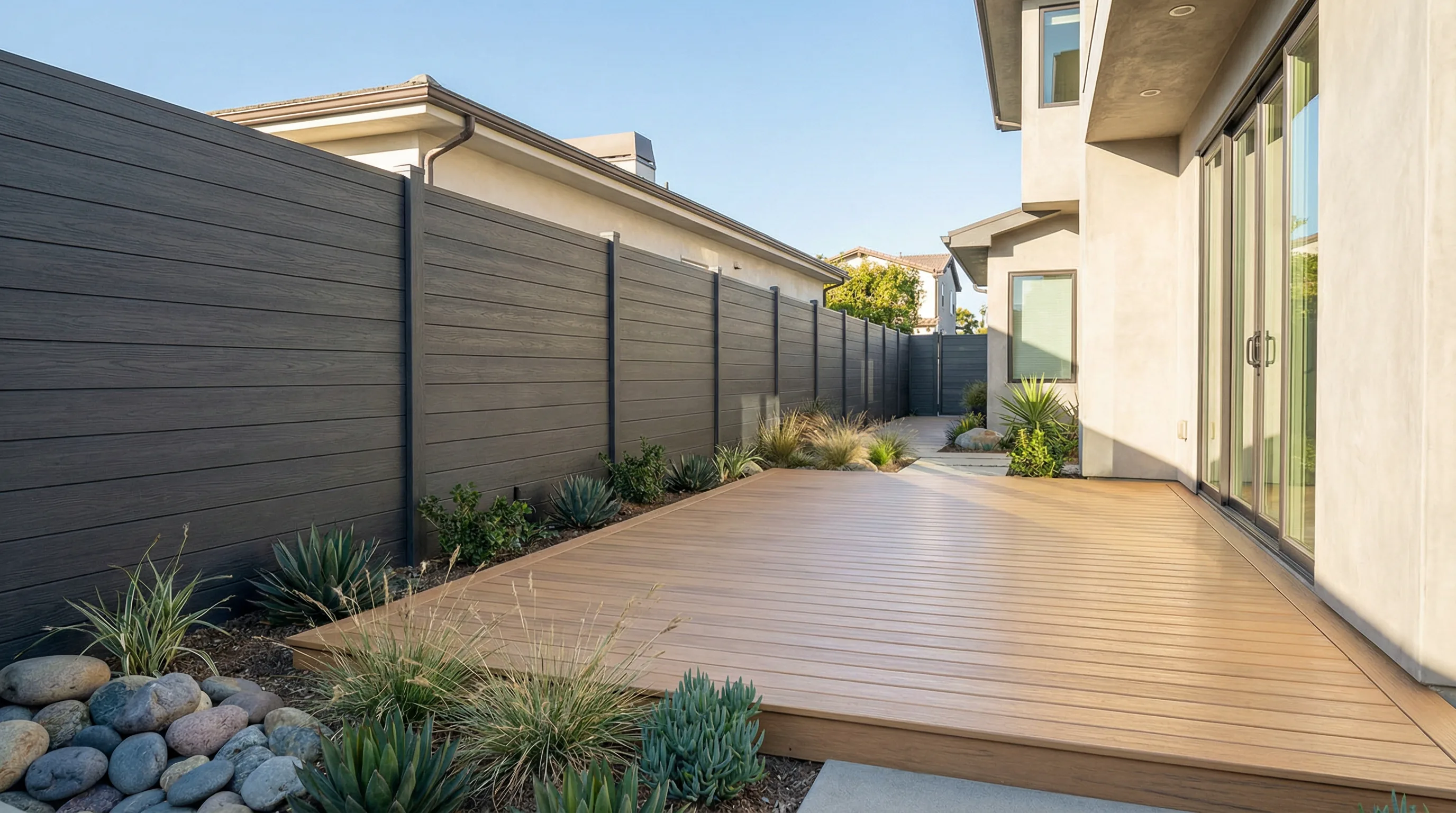 Charcoal composite fence and deck