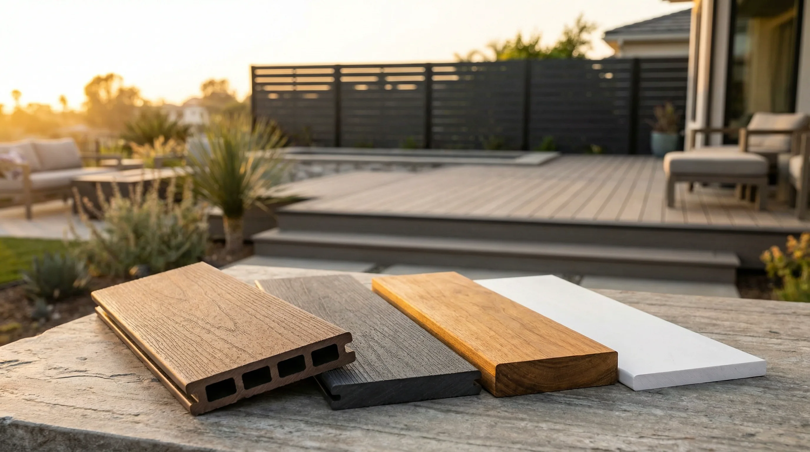 Composite deck and fence backyard