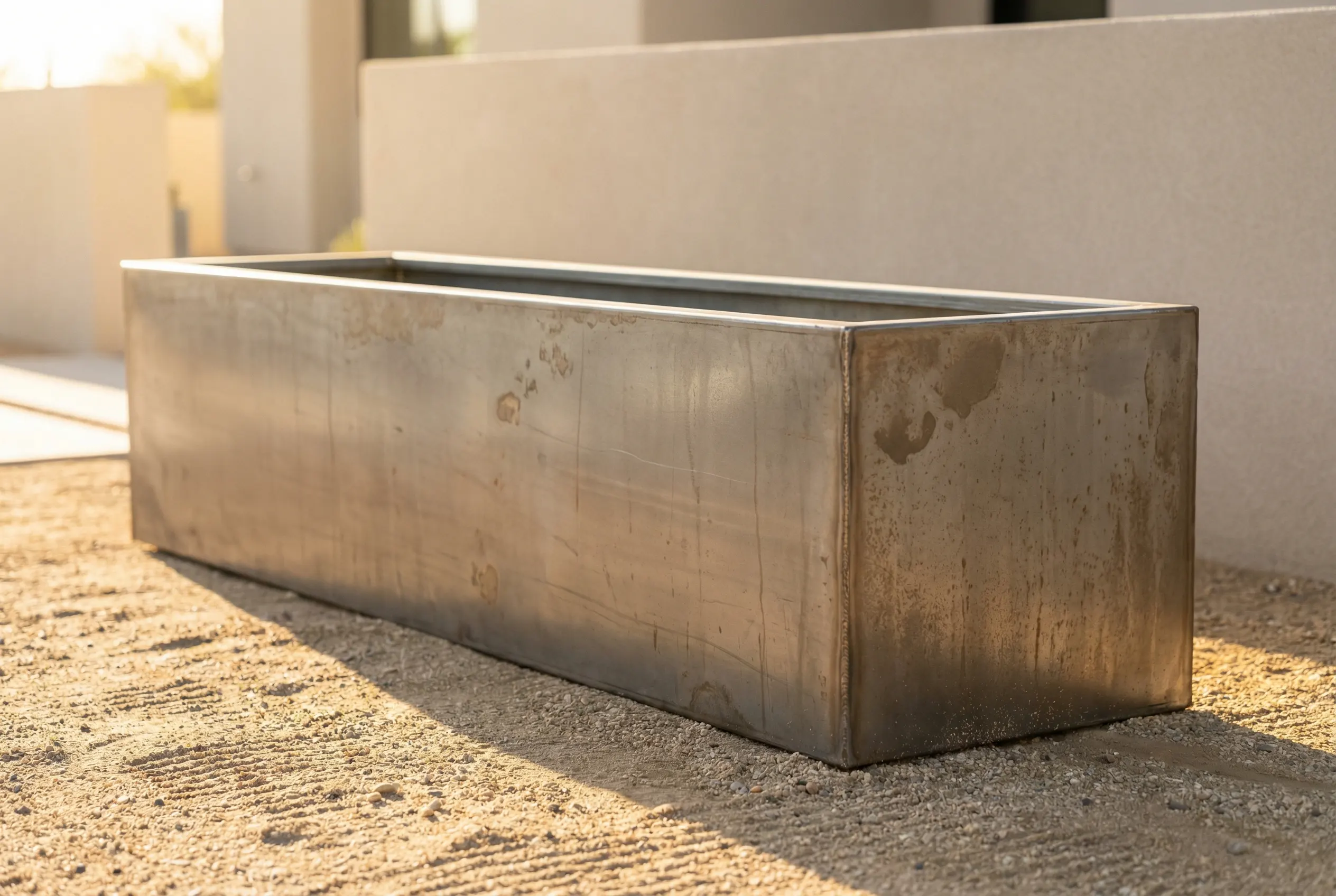 Weathered patina steel planter — organic earth-tone finish