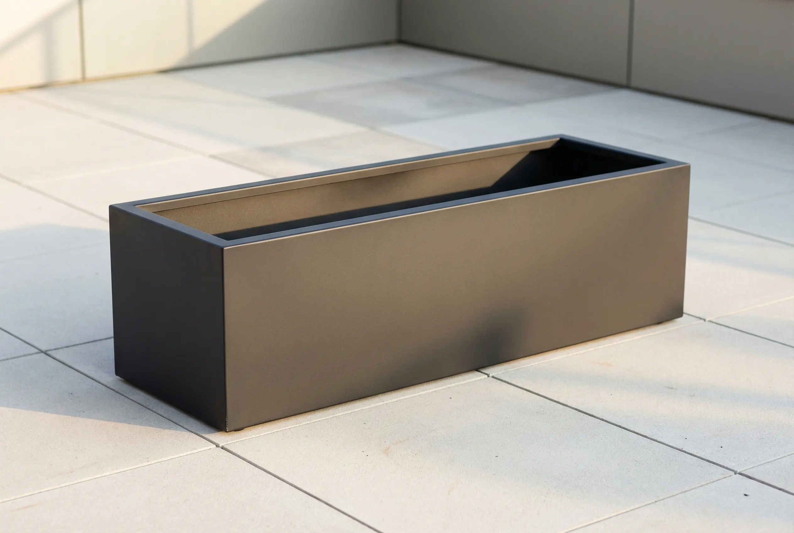 Powder coated steel planter — matte black UV-resistant finish