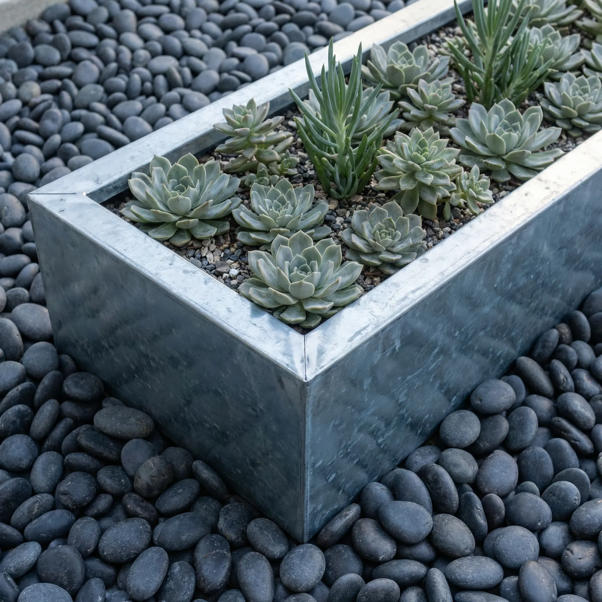 Galvanized steel planter with drought-tolerant plants on decomposed granite in a fire-resistant Southern California landscape