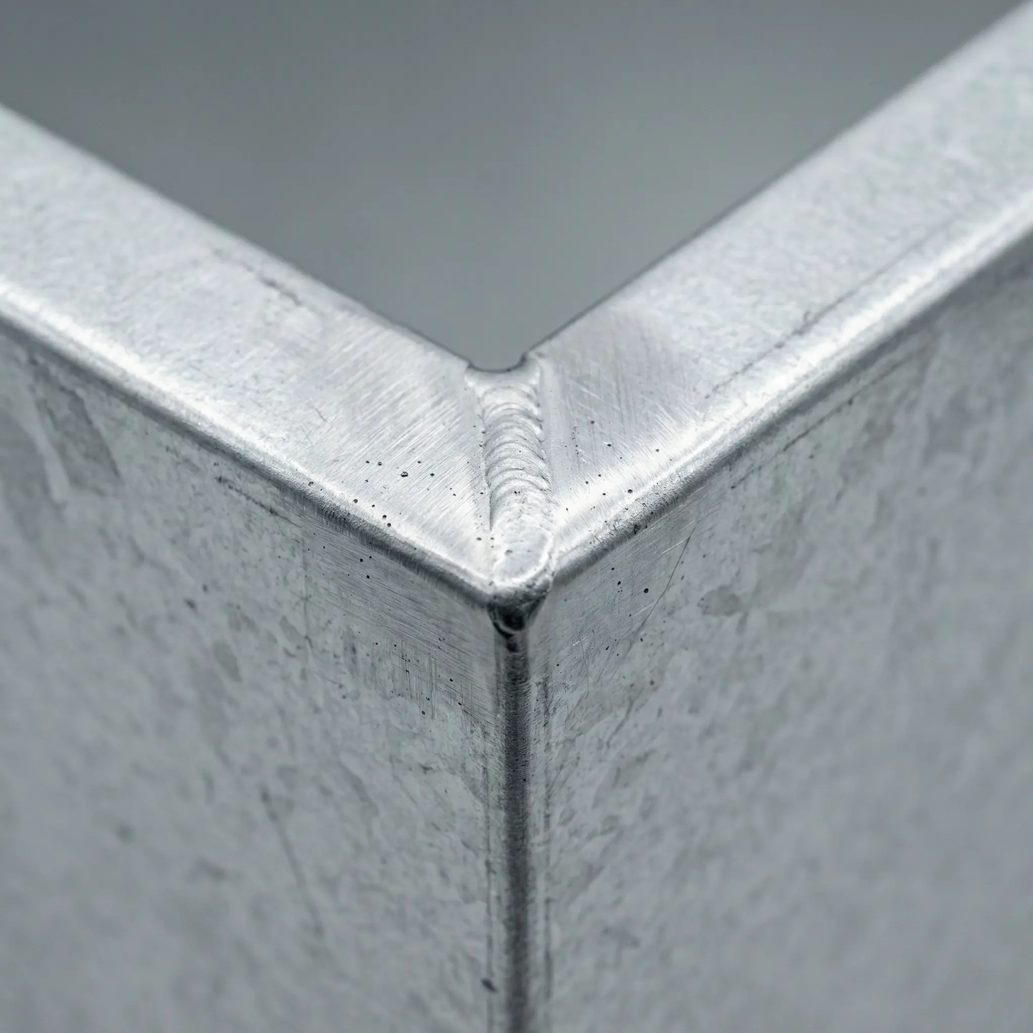 Ground-smooth MIG weld seam on a galvanized steel planter corner