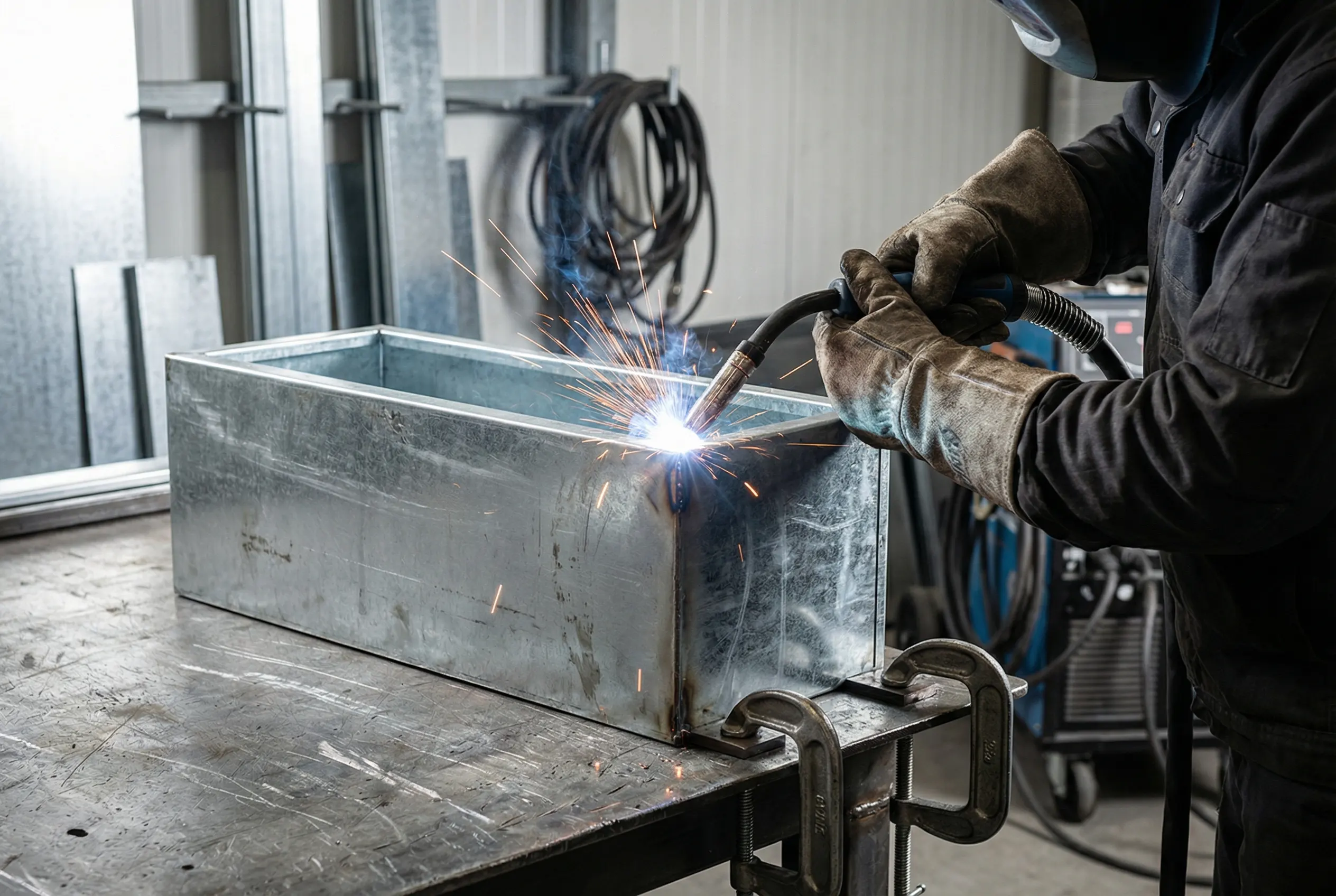 MIG welding a galvanized steel planter box in our Escondido workshop