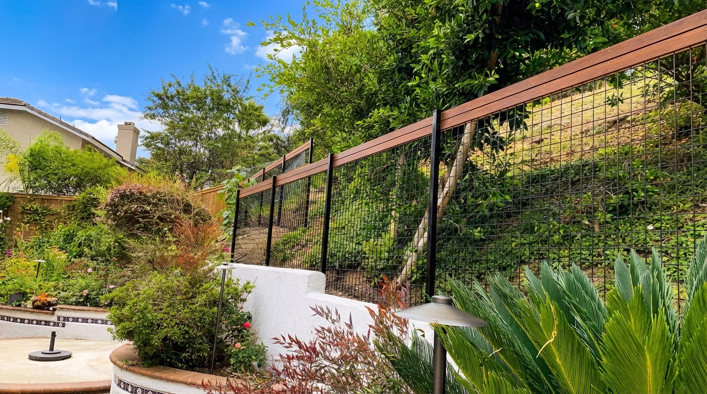 Custom IPE fence with wire mesh in Carlsbad