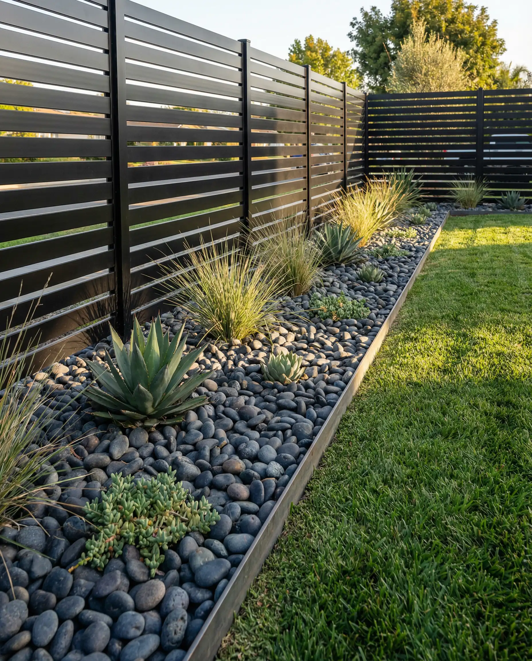 Decorative rock accent border along aluminum fence