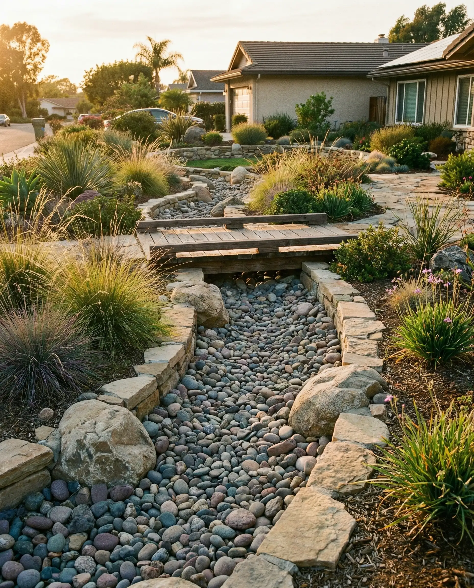 Dry creek bed with river rock for stormwater management