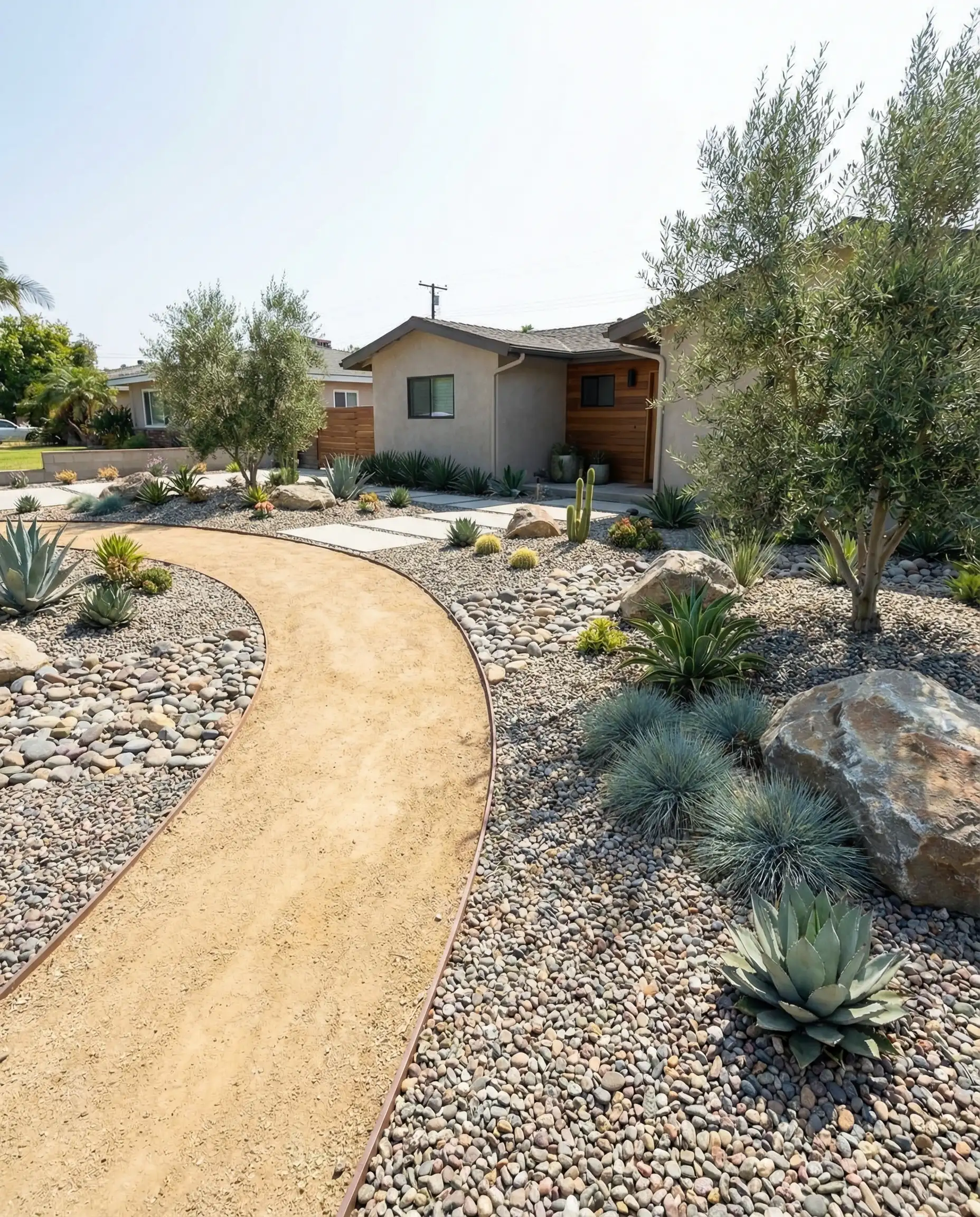 Full xeriscaping yard conversion with mixed decorative rock