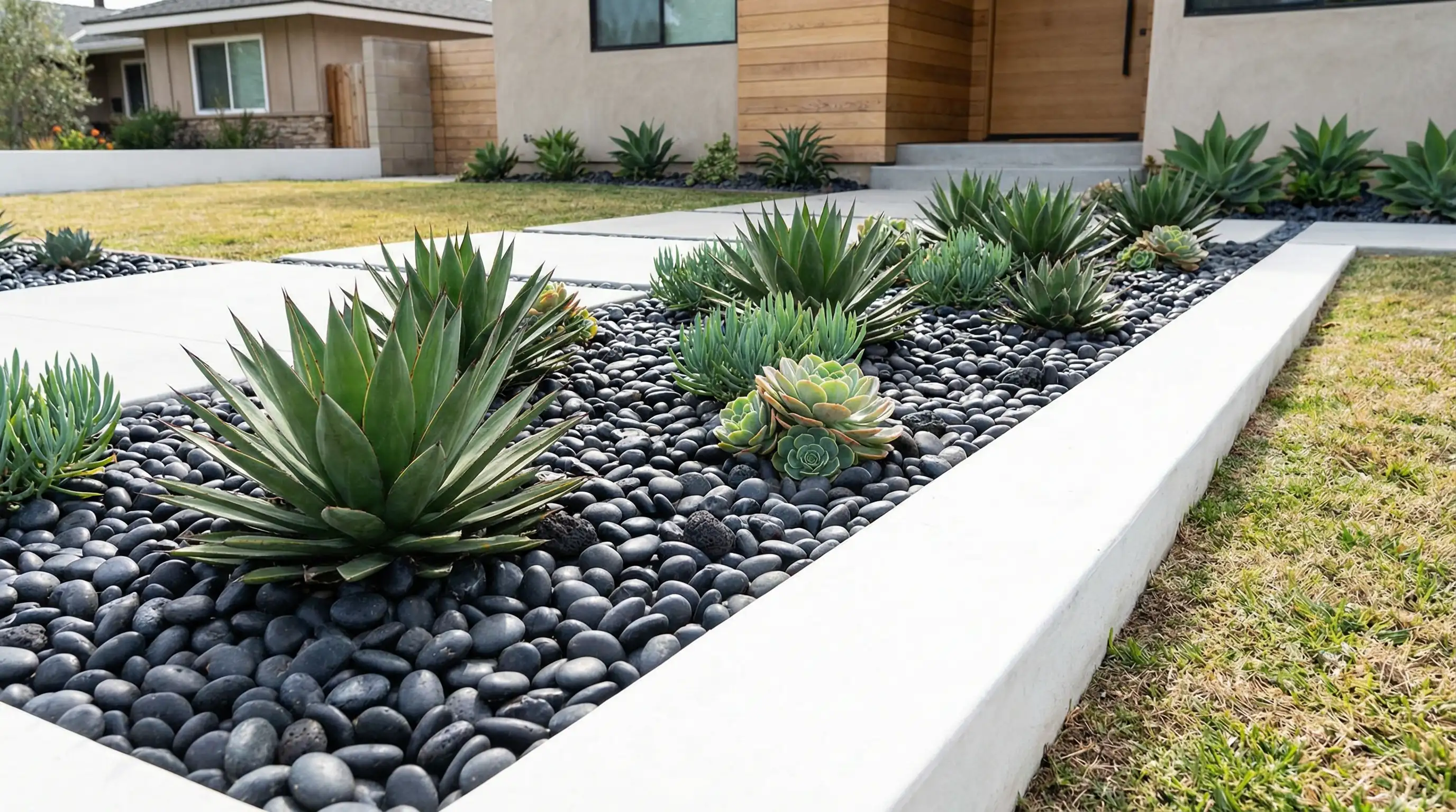 Black Mexican beach pebbles in modern landscape design