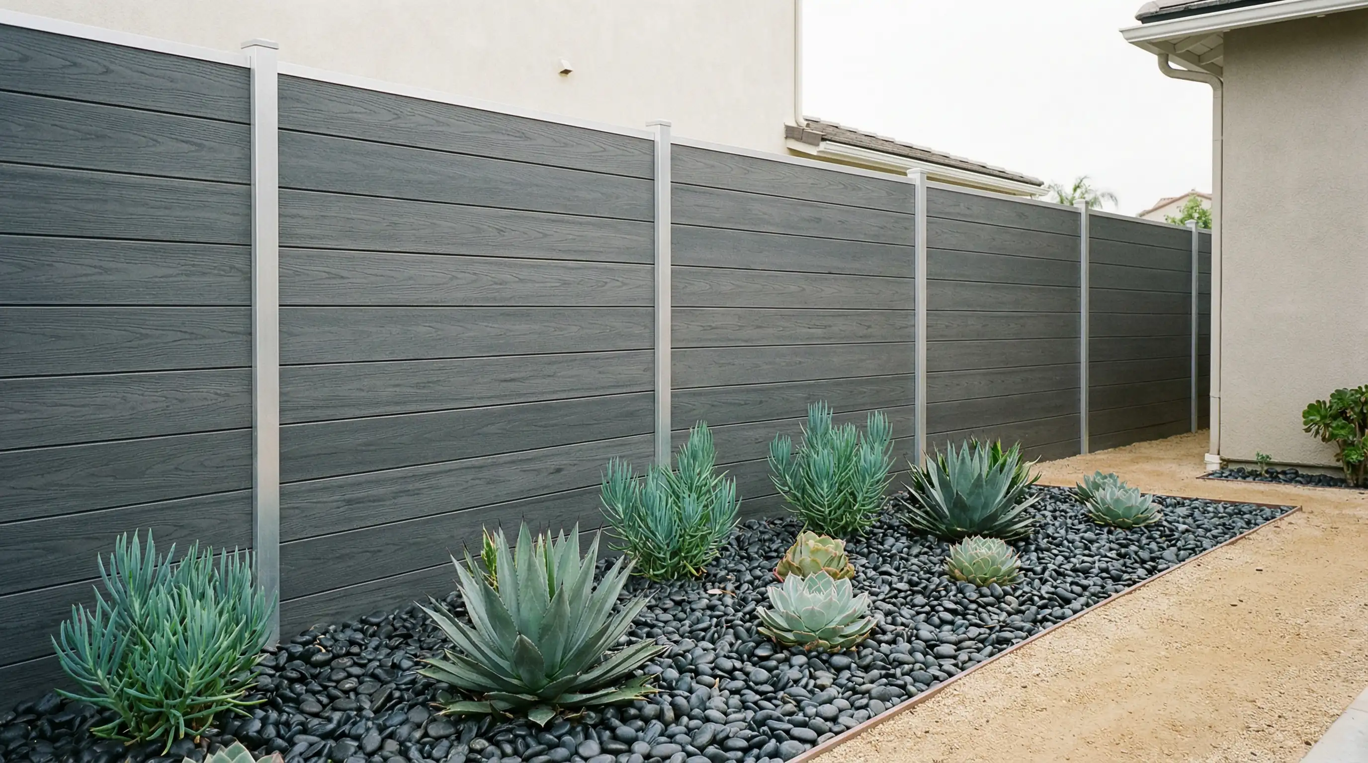 Composite fencing with Mexican beach pebble garden