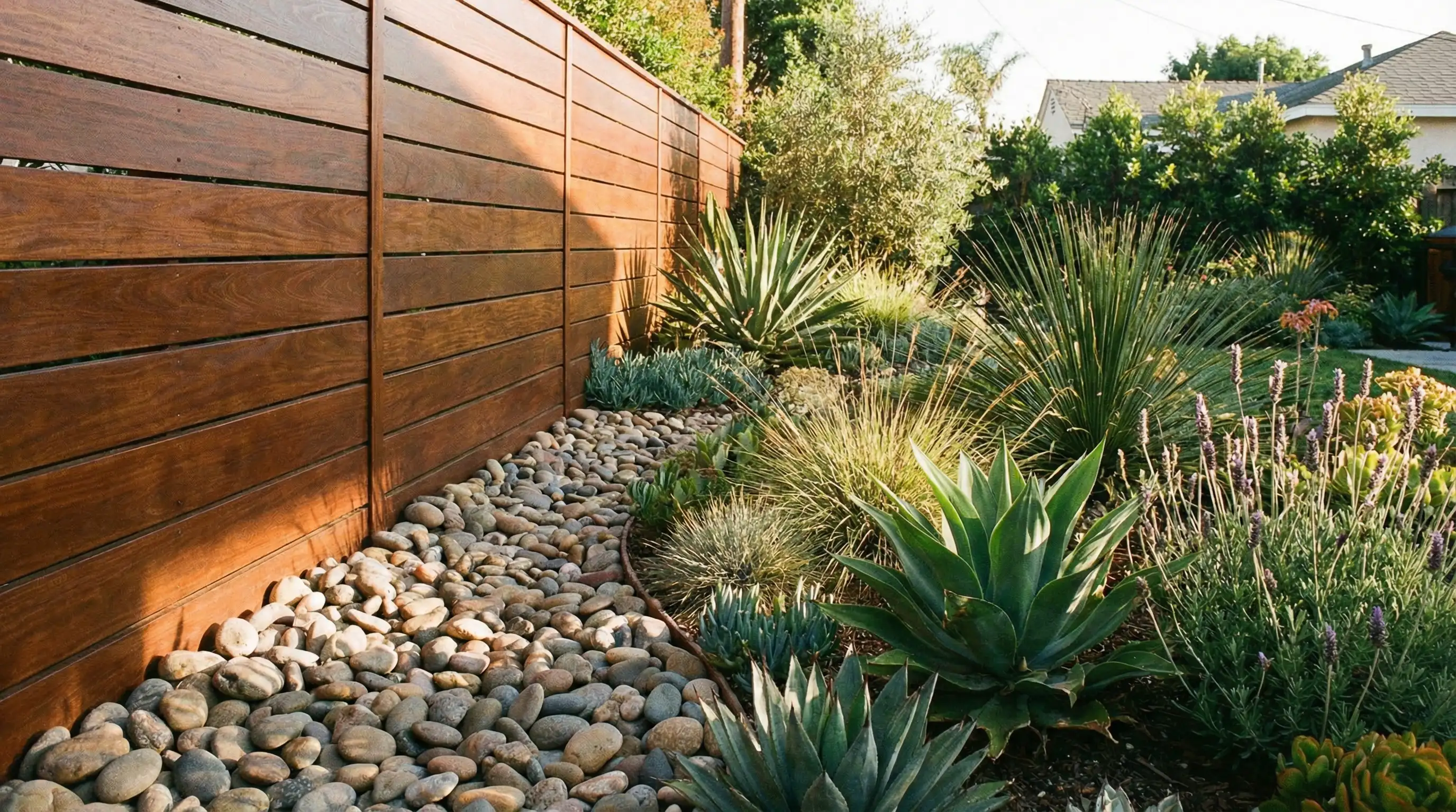 Hardwood fencing with river rock garden border