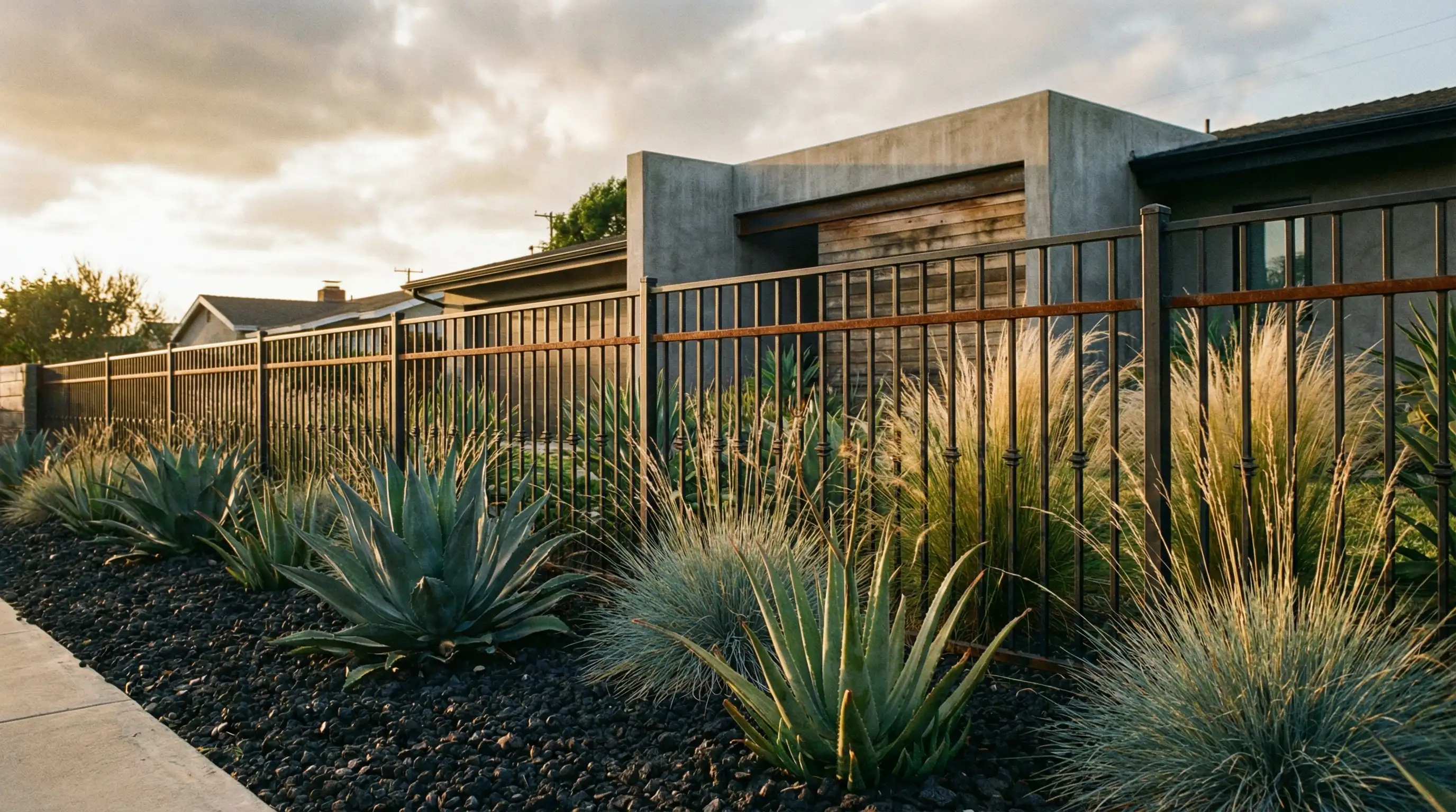 Steel fencing with black lava rock landscaping