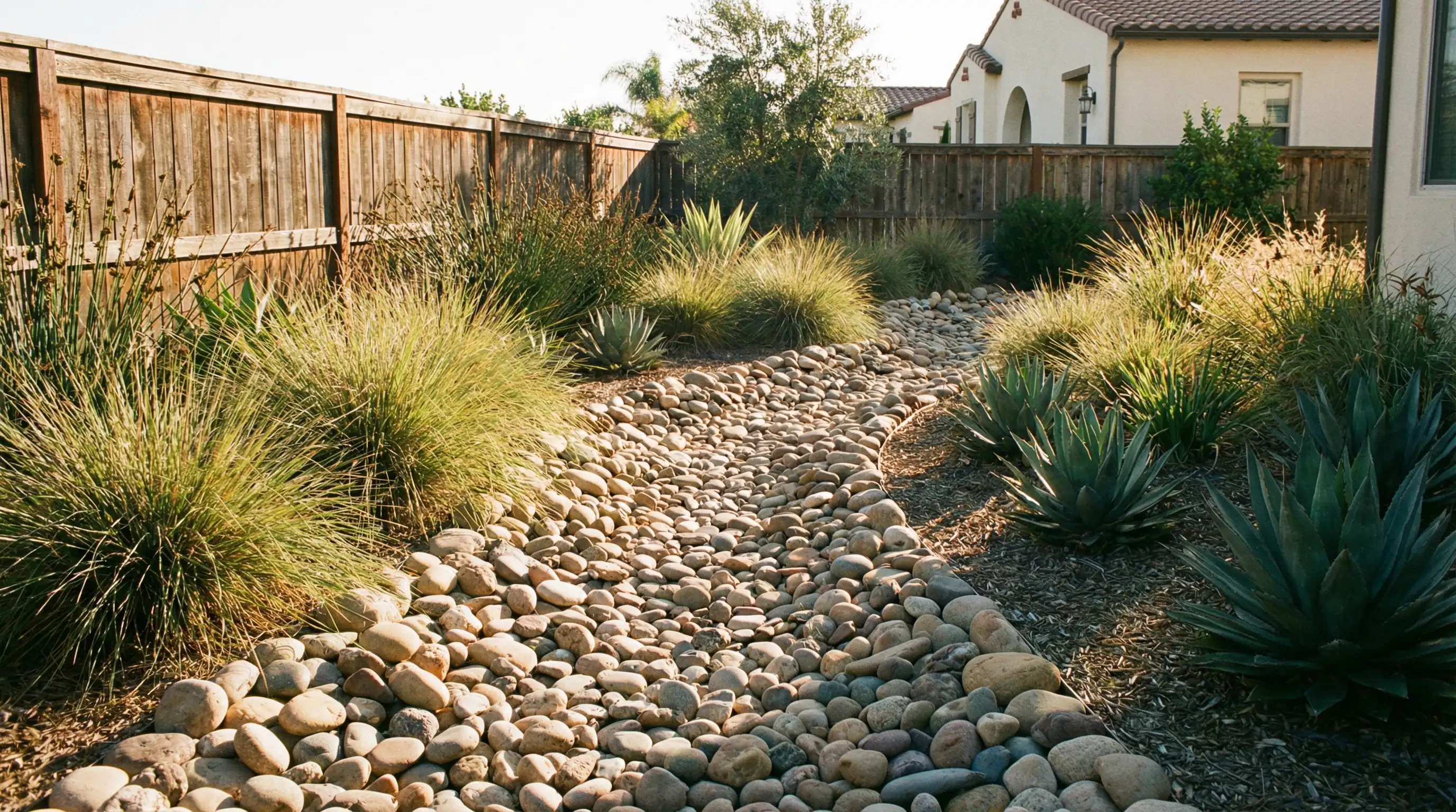 Natural river rock landscaping for dry creek bed