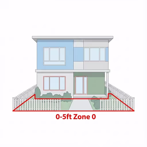 Zone 0 boundary marked with tape, vinyl fence and dead foliage identified as hazards